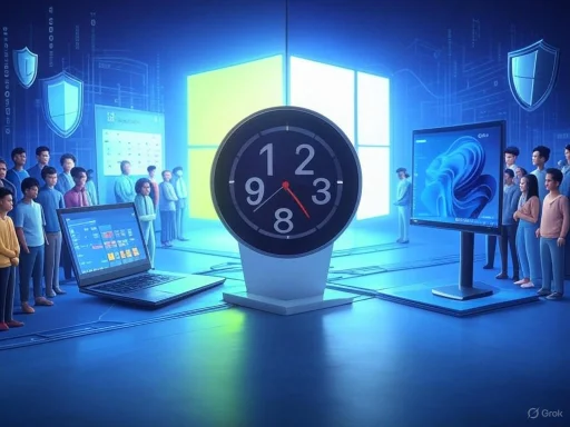 A futuristic scene with kids and digital screens around a large clock and Windows logo, symbolizing technology and time.