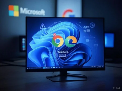 A computer monitor displays a vibrant blue abstract background with a colorful Chrome logo, set in a dark office environment.