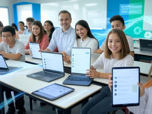 A diverse classroom of students and teacher engaging with tablets during a modern, tech-driven lesson.