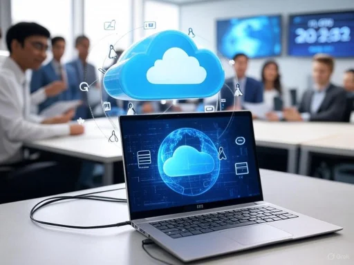 A laptop displays cloud computing graphics in a meeting room with professionals discussing technology.
