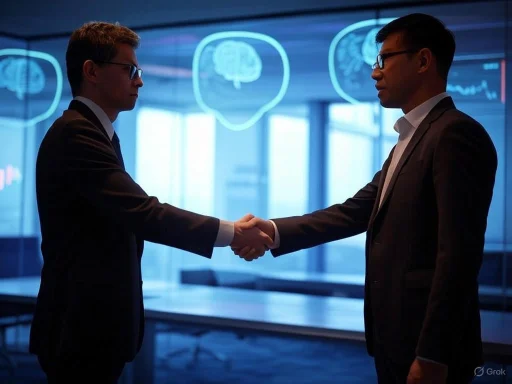 Two businessmen shake hands in a modern office with digital brain and data visuals on the screen behind them. Two businessmen shake hands in a modern office with digital brain and data visuals on the screen behind them.