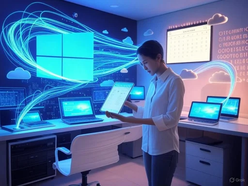 A woman using a tablet in a high-tech room with multiple laptops and digital graphics, emphasizing cloud computing and data flow.