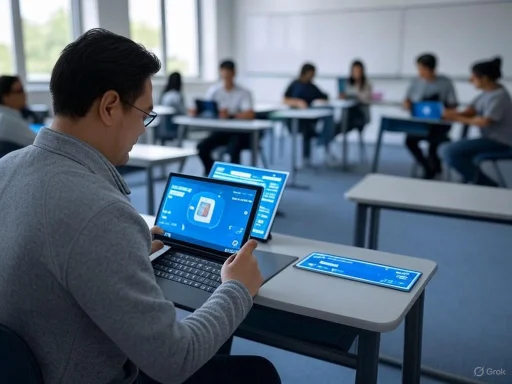 A man in a gray sweater works on a digital device during a classroom session with students in the background.