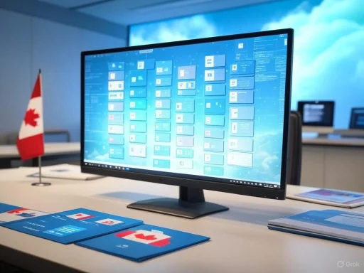 A computer monitor displays a complex flowchart or software interface in a conference room with a Canadian flag nearby. A computer monitor displays a complex flowchart or software interface in a conference room with a Canadian flag nearby.