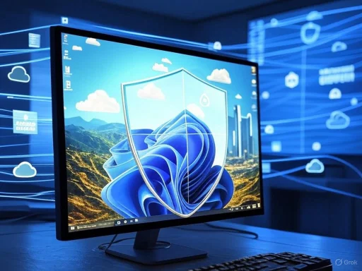 A computer monitor displays a nature-themed background with a digital shield overlay, symbolizing cybersecurity.