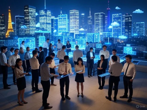 People in business attire interact with holographic digital displays against a futuristic city skyline backdrop.