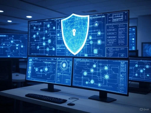 Multiple monitors display network security diagrams and a shield with a lock, symbolizing cybersecurity protection.