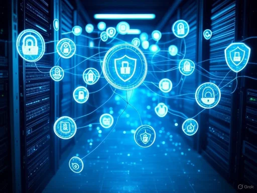 Digital security icons and shields in a data center representing cybersecurity and data protection.