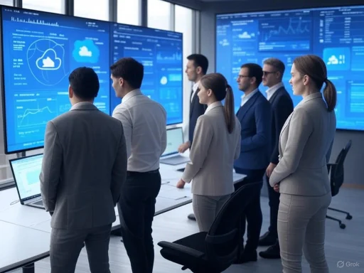 Business professionals analyze data on large digital screens in a modern office conference room.