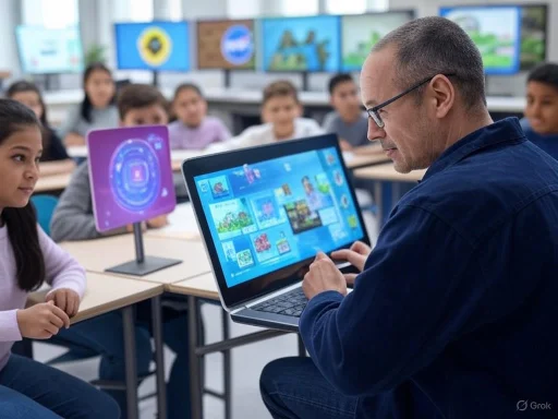 A teacher shows educational content on a laptop to students in a classroom.