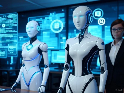 Futuristic humanoid robots in a high-tech control room with holographic displays.
