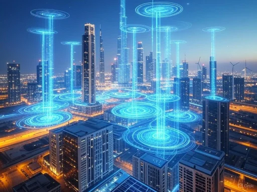 Futuristic cityscape with holographic digital pathways connecting skyscrapers at night.