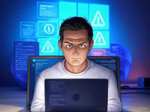A young man with a serious expression sits in front of a laptop, surrounded by warning symbols and digital alerts on screens.