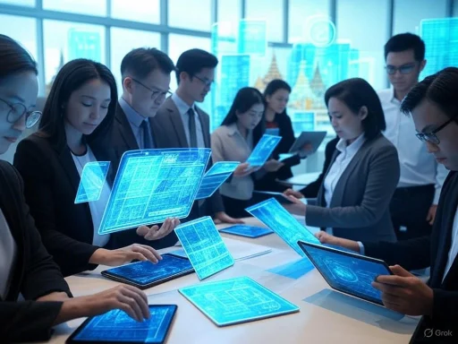 Business professionals collaborating with holographic digital displays in a modern office setting.