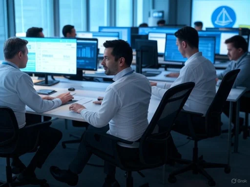 A group of professionals working at multiple computer stations in a modern office environment.