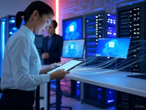 A woman uses a tablet in a data center filled with servers and monitors, with digital lines representing data transfer.