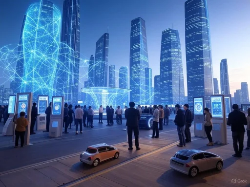 Futuristic cityscape featuring a virtual projection of interconnected skyscrapers and people interacting with digital kiosks.