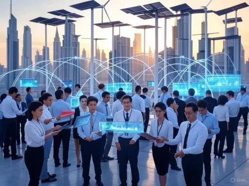 Businesspeople collaborate on solar power technology against a futuristic city skyline at sunset.