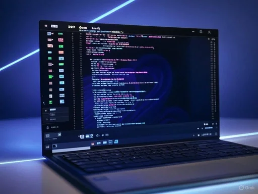 A laptop displaying a dark-themed code editor with colorful syntax highlighting against a blue-lit background.
