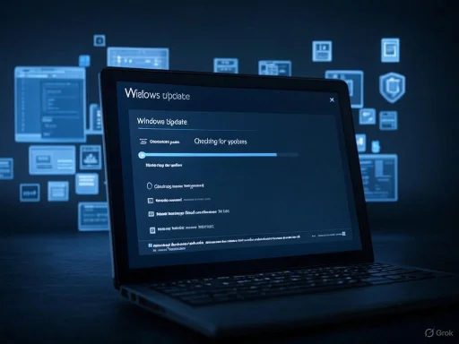 A laptop displaying a Windows update screen with floating digital icons in the background.