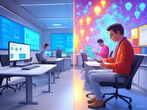 A split scene of a modern office: traditional work with computers on the left, innovative tech and colorful lights on the right.