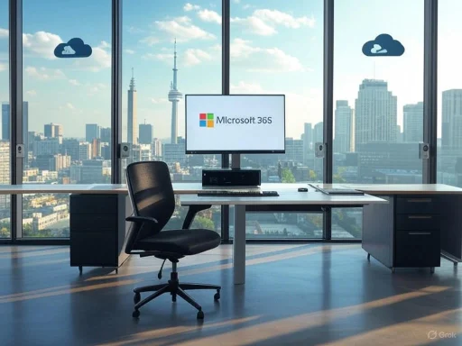 Modern office with a city view, featuring a desk, chair, and a monitor displaying Microsoft 365. Modern office with a city view, featuring a desk, chair, and a monitor displaying Microsoft 365.