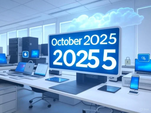 A modern office with multiple computers and devices, displaying a large sign with the date 'October 2025' and '20255.'
