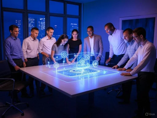 A diverse group of professionals in a conference room interacts with a futuristic holographic digital interface.