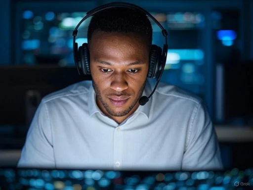 A man wearing a headset, focused on a screen in a dark, tech-filled environment.