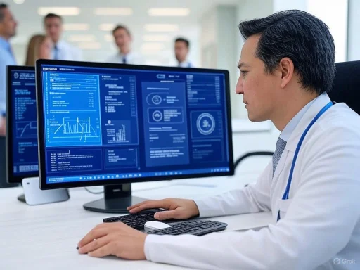 A doctor analyzes medical data on a computer screen while colleagues discuss in the background.