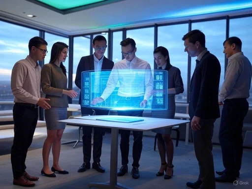 A diverse group of professionals collaboratively analyzes a holographic digital interface in a modern office with panoramic window views.