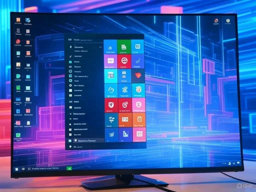 A computer monitor displays a colorful digital interface with a grid of app icons and a neon-lit futuristic background.
