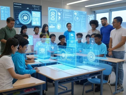 Students and teachers observe holographic displays in a futuristic classroom setting.
