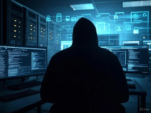 A hooded figure working on multiple computers in a dark server room with cybersecurity icons and code displays.