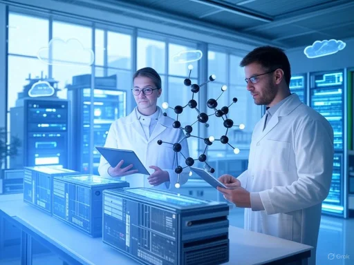 Scientists analyze molecular models in a modern lab with data servers and digital cloud graphics.