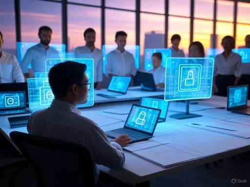 A team of professionals in a modern conference room analyzing digital security data during sunset.