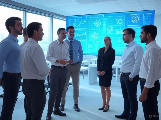 Business professionals engaging in a team meeting or presentation in a modern office with digital data displays. Business professionals engaging in a team meeting or presentation in a modern office with digital data displays.