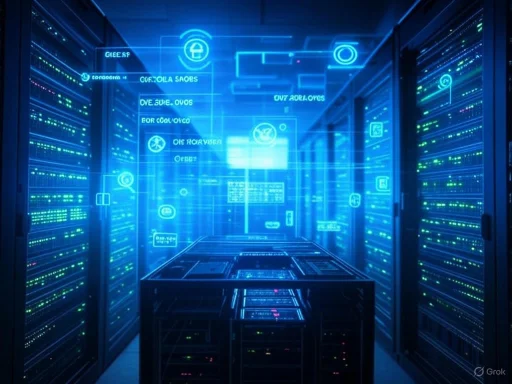 A futuristic data center with holographic hologram displays and server racks illuminated in blue.