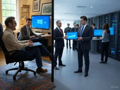 A virtual meeting split between a home office and a data center, with professionals engaged in tech discussions.