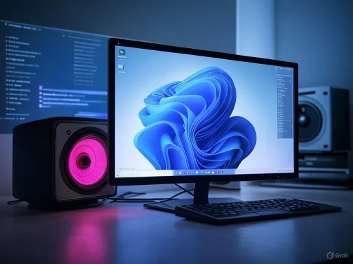 A computer setup with a monitor displaying a blue abstract wallpaper, accompanied by a black speaker with pink lighting. A computer setup with a monitor displaying a blue abstract wallpaper, accompanied by a black speaker with pink lighting.