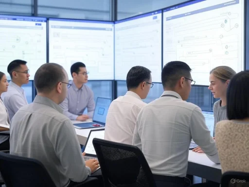 A diverse group of professionals in a high-tech conference room reviewing data on large digital screens. A diverse group of professionals in a high-tech conference room reviewing data on large digital screens.