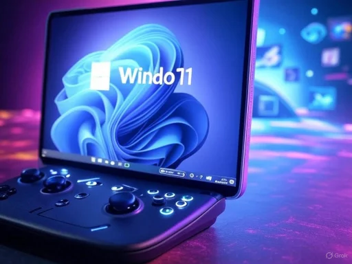 A handheld gaming console with a foldable screen displaying Windows 11 on a colorful, illuminated surface.