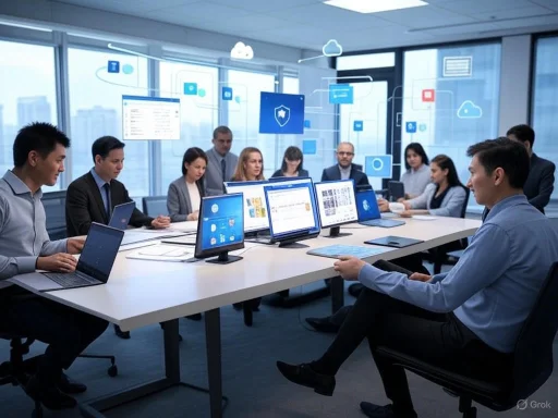 A diverse team attends a high-tech business meeting in a modern office with cloud computing graphics.