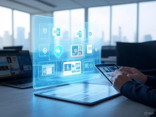A person interacts with a holographic digital interface using a tablet in a modern office setting.
