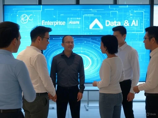 A group of professionals discussing data and AI in front of a large digital display screen.