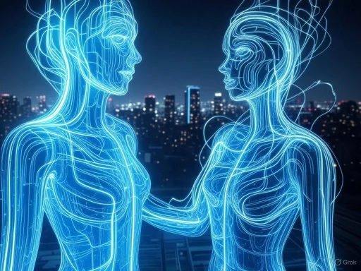 Two glowing, digital human figures face each other against a cityscape at night, with interconnected neural-like lines.