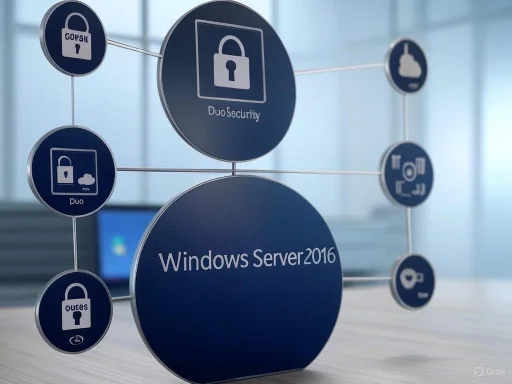A diagram illustrating various features and security options of Windows Server 2016.