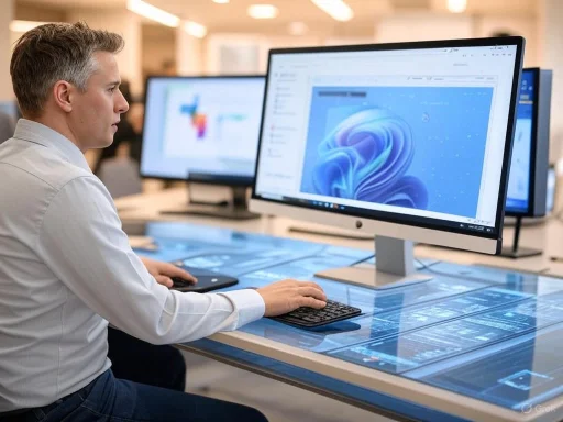 A man works on a futuristic transparent desk with multiple computer monitors displaying data and graphics. A man works on a futuristic transparent desk with multiple computer monitors displaying data and graphics.