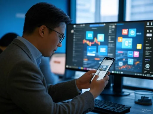 A professional man monitors stock market data on multiple screens while using his phone in an office.