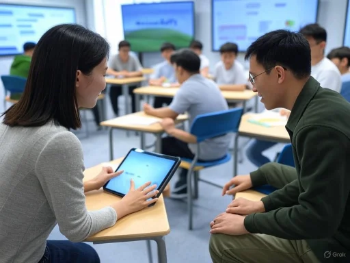 A teacher and student are engaged in a discussion in a classroom with multiple students and screens in the background.